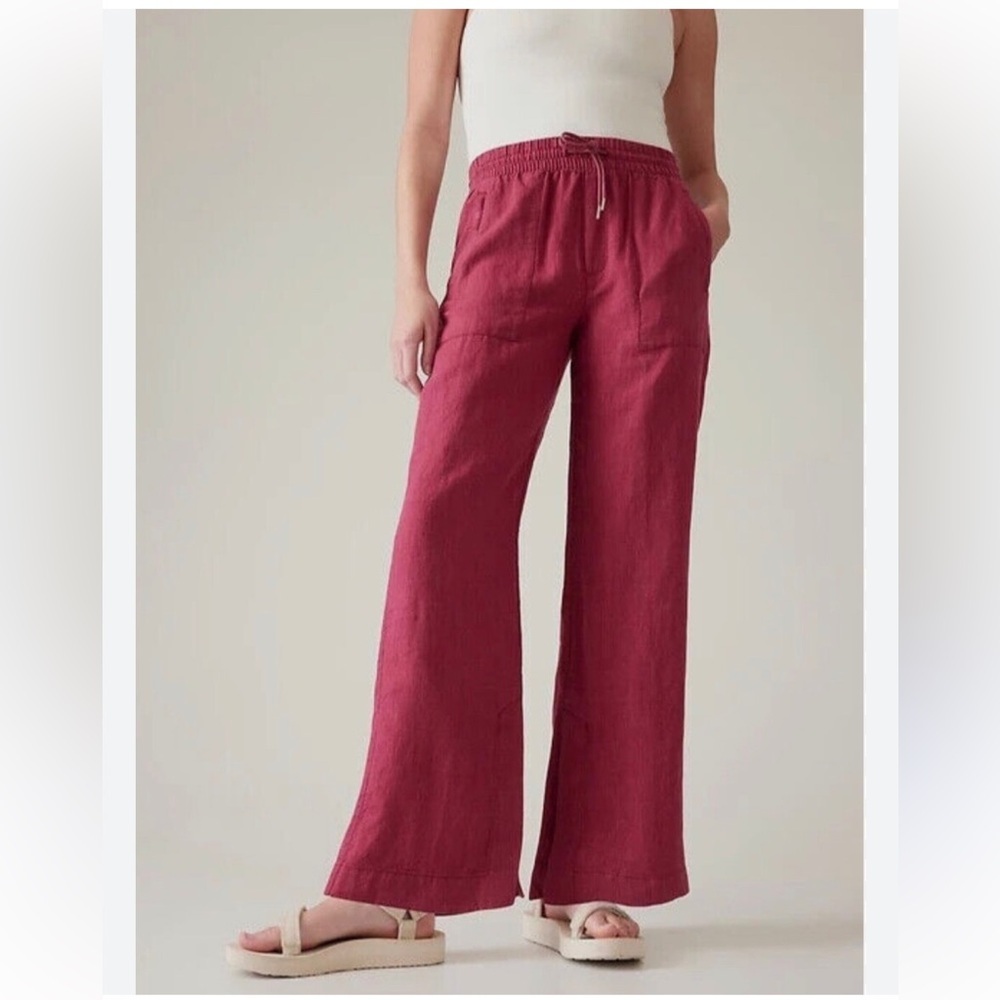 Athleta Retreat Wide Leg Linen Pants Size 4T Tall Berry Lightweight, Natural